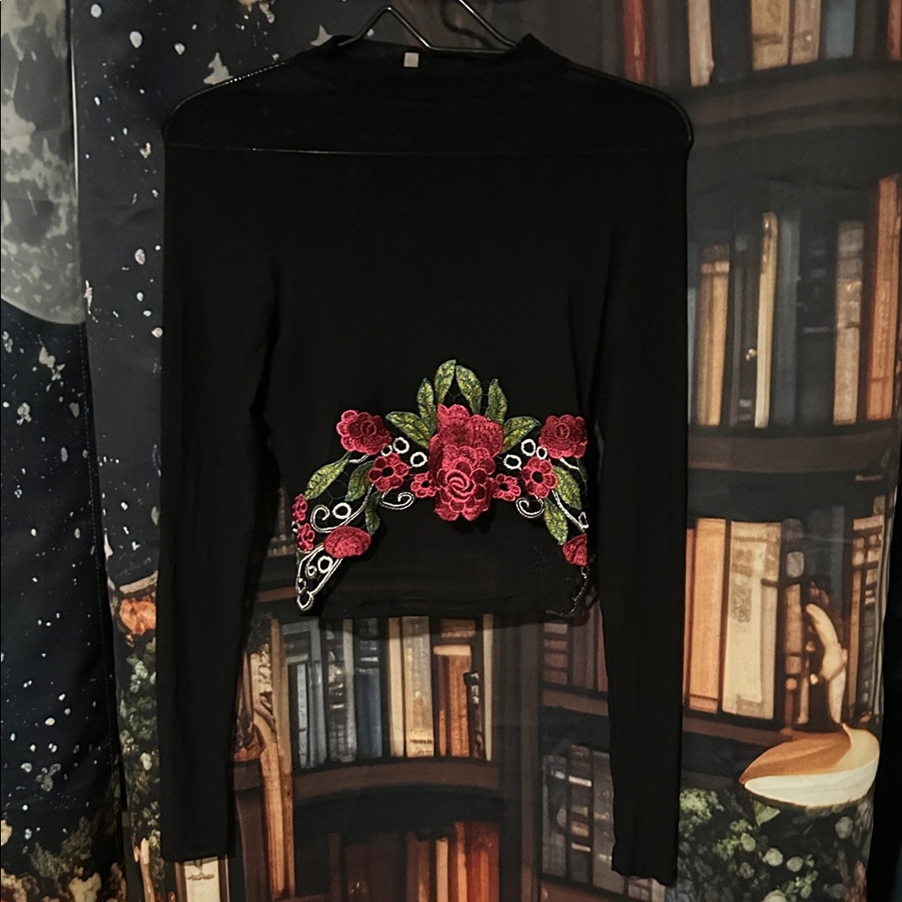 Charlotte Russe Black Long-Sleeve Crop Top with Red Rose Embroidery